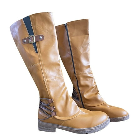 Perfectbot Boots Women Low Heel Mid Calf Boots Zipper Brown Pointed Toe Large Size Vacation Boots Size 4.5