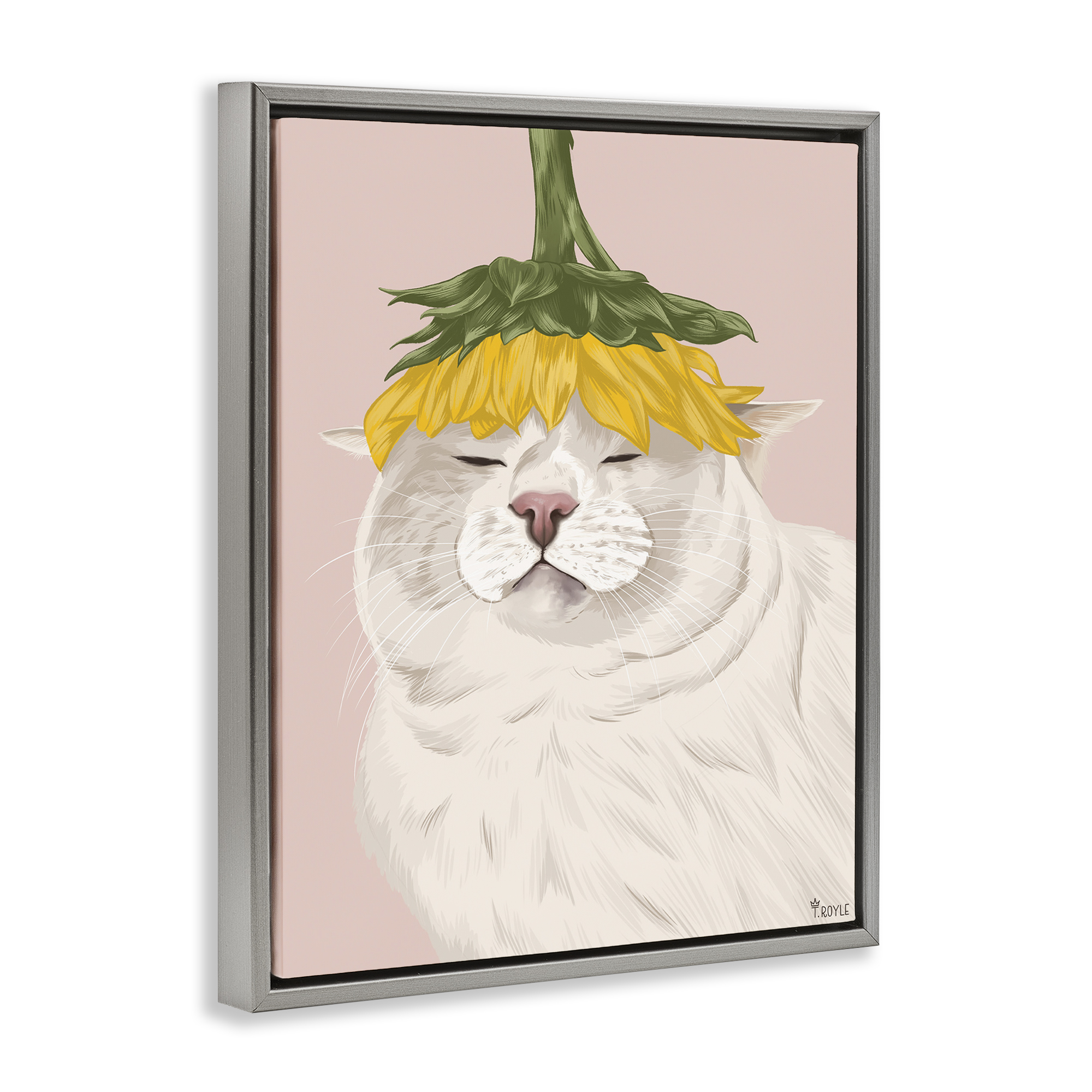 Stupell Industries Cat with Daisy on Head Animals & Insects Painting Gray Floater Framed Canvas Art Print Wall Art, 25 x 31