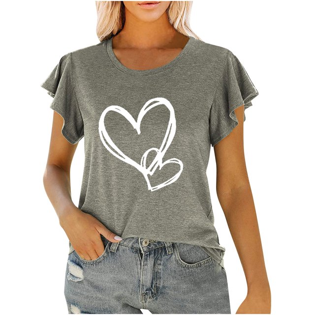 Timegard Top for Women Ruffle Short Sleeve Round Neck Valentine's Day Print Comfy Tee Shirts Summer Fashion