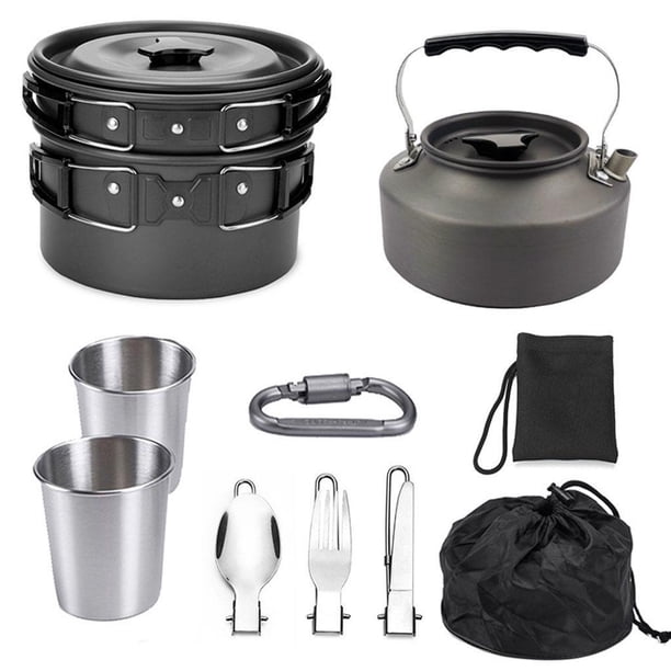 Soidarity Camping Cookware Kit Portable Cooking Equipment Set Pan Outdoor Pot Kits de desorden para acampar Negro