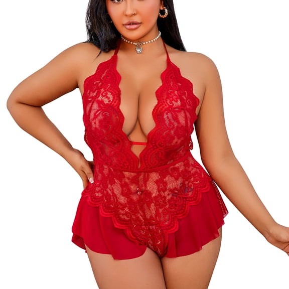 Plus Size Women's Halter Neck Lace Babydoll Nightgown Sexy Deep V-Neck Chemise Bodysuit Night Dress