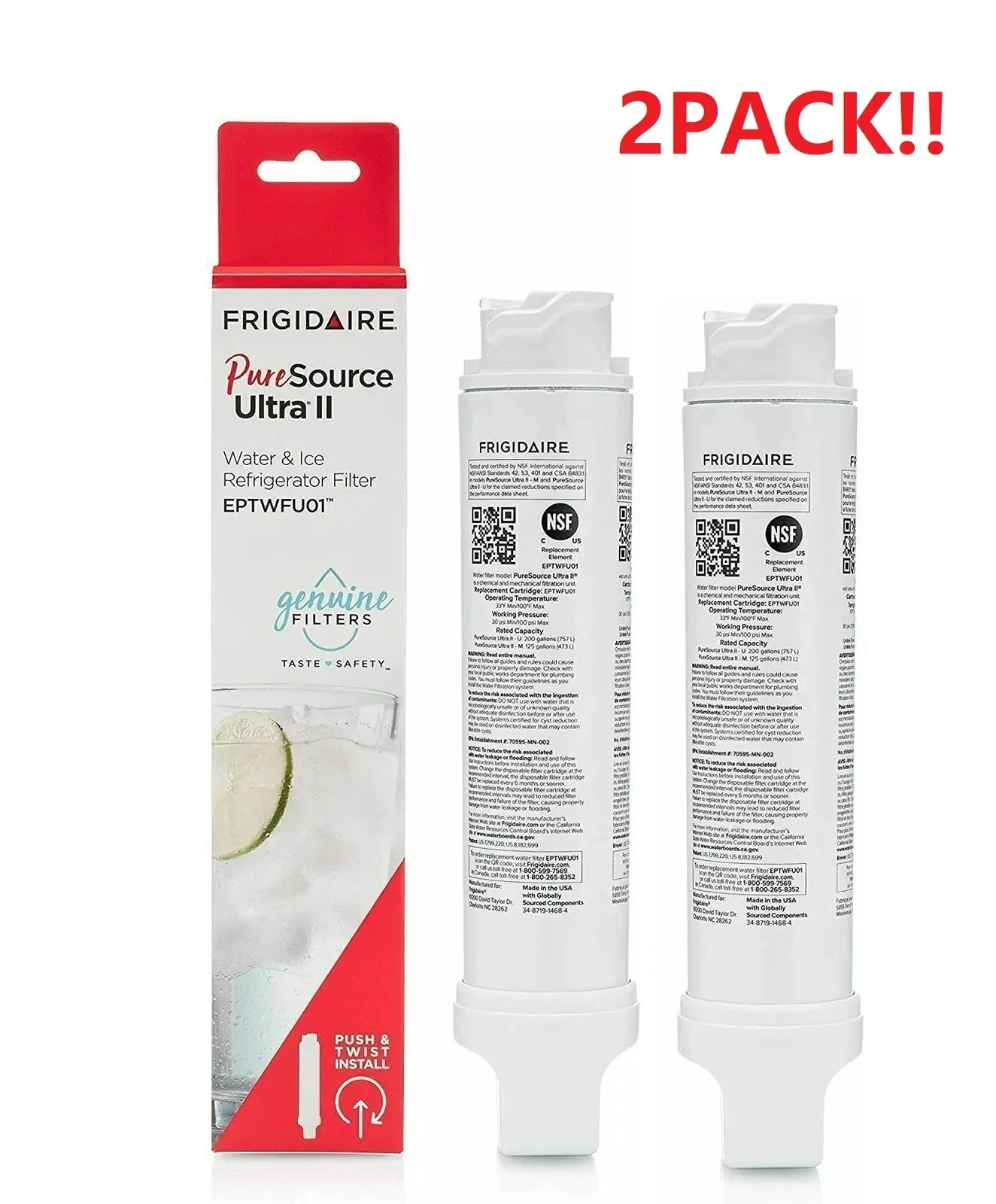 2-Pack For Frigidaire EPTWFU01 PureSource Ultra II Refrigerator Water Filter, NSF Certified