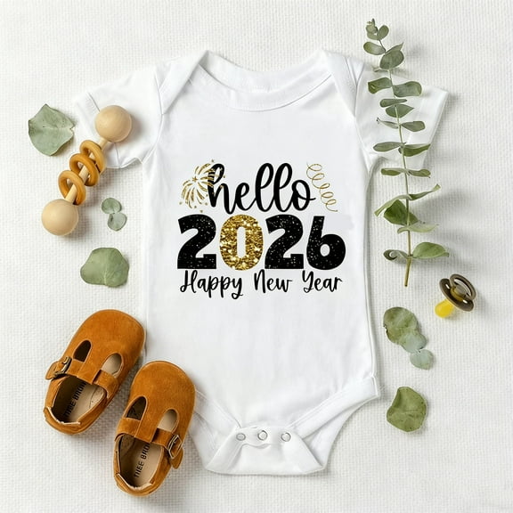 Baby Bodysuit or Onesie for 2026 New Year, "Hello 2026 Happy New Year" Celebration Print Short Sleeve Romper, Soft Cotton Newborn Essentials for Holiday Gifts & Photo Shoots