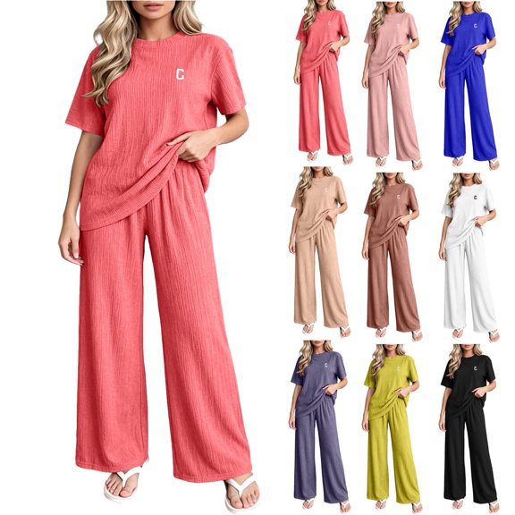 Women's Two Piece Lounge Set Women Fashion Casual Solid Color Round Neck Long Sleeved Long Pants Set for Home Keep Warm Comfortable Homewear Watermelon Red Free Size