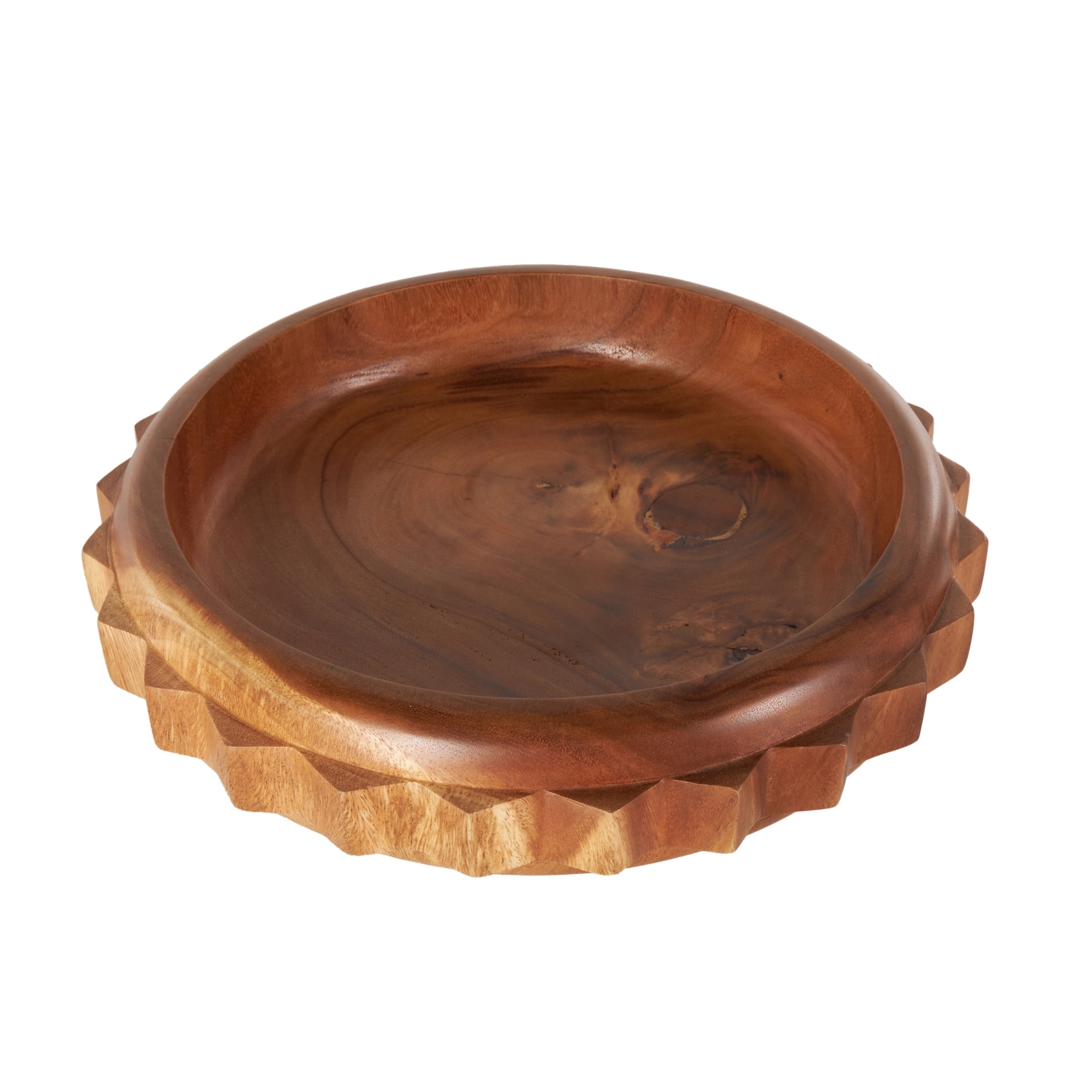 DecMode 18" Handmade Round Gear Brown Wood Decorative Bowl with Peg Leg