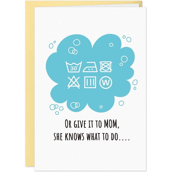 WaaHome Funny Mothers Day Card - She Knows What to Do - Laundry Symbol Joke - Humorous Happy Mothers Day Cards for Best Mom, Minimalist Mother's Day Card from Adult Son Daughter, with Envelope