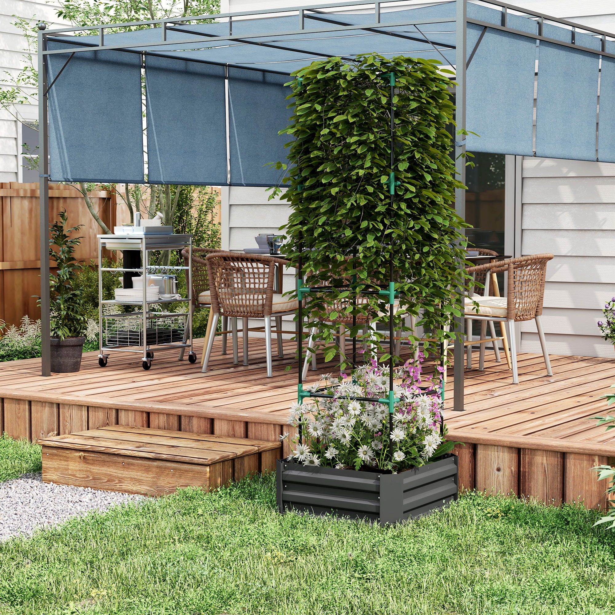 Galvanized Raised Garden Bed, Outdoor Planter Box with Trellis Tomato Cage and Open Bottom for Climbing Vines, Vegetables, Flowers in Backyard, Garden, Patio, Gray 24" x 24" x 11.75"