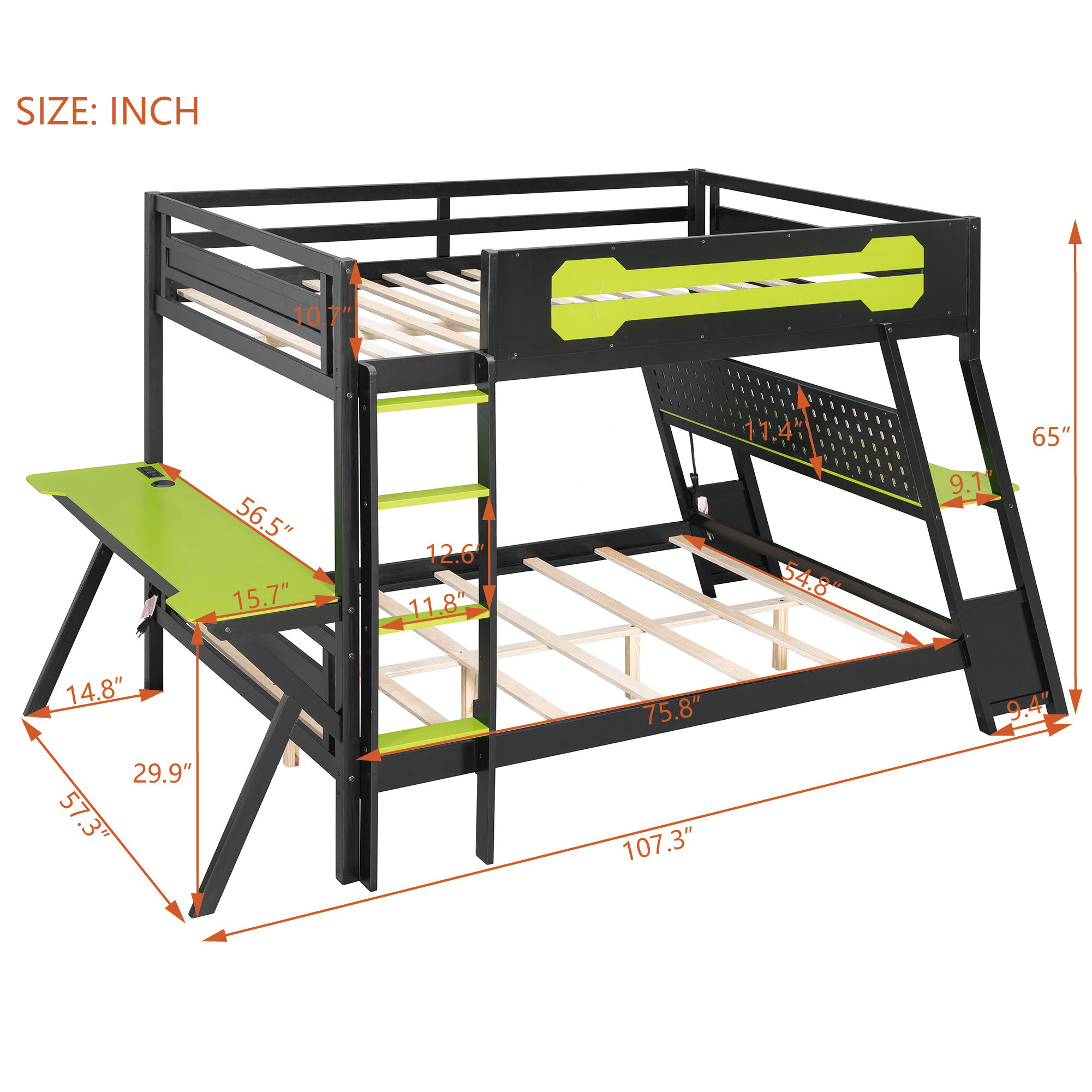 Aukfa Full over Full Bunk Bed with Built-In Desks, USB Charging Ports & Pegboard Organizer, Wood E-Sports Gaming Bed Frame for Kids/Teens, Green