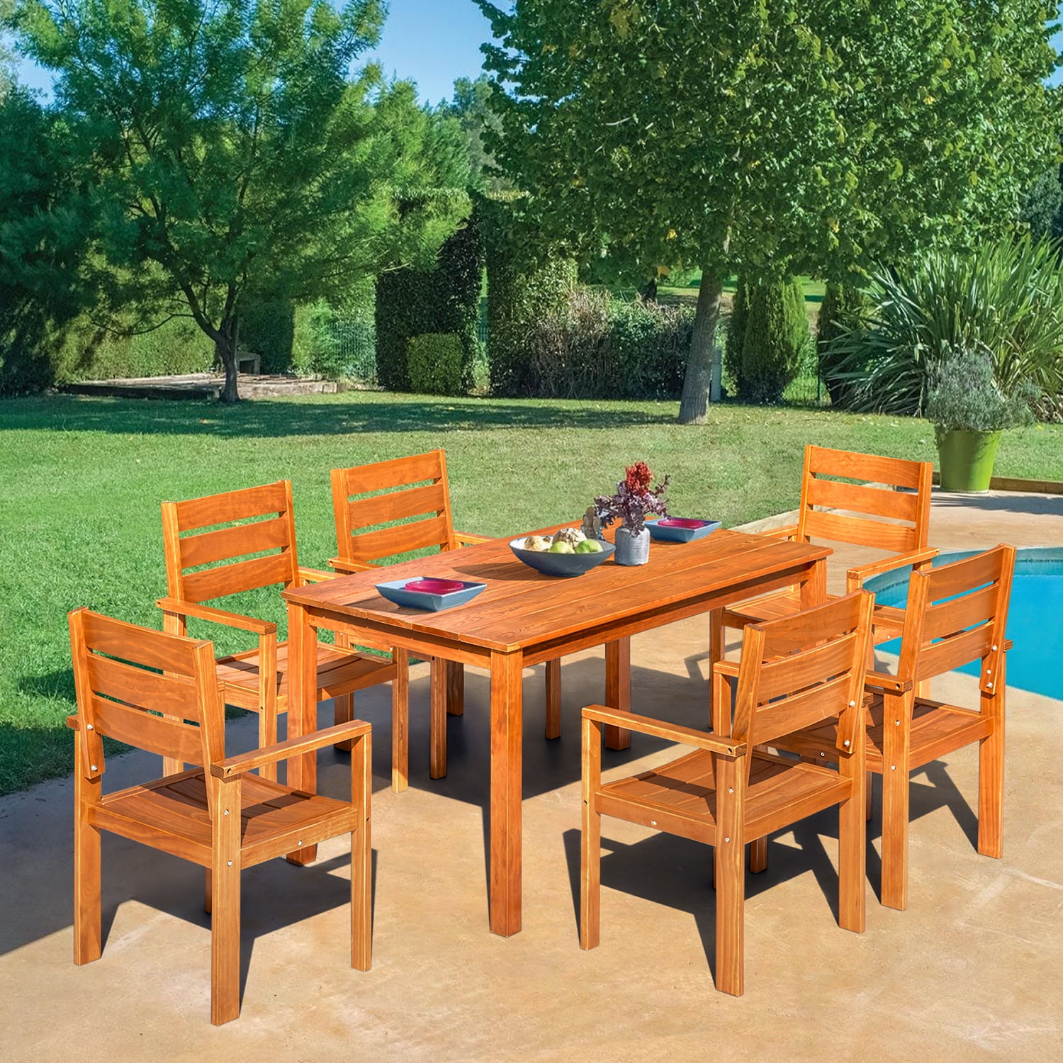 7Piece Patio Dining Set,Solid Wood Outdoor Furniture Set for Yard Porch, Balcony, Brown