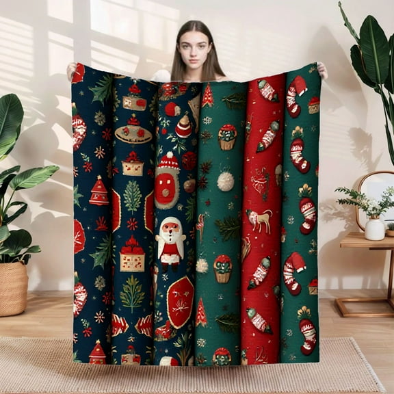 Durable Soft Flannel Blanket - Cozy Christmas Design with Snowmen Santa and Trees - Perfect for Sofa Travel and Bed