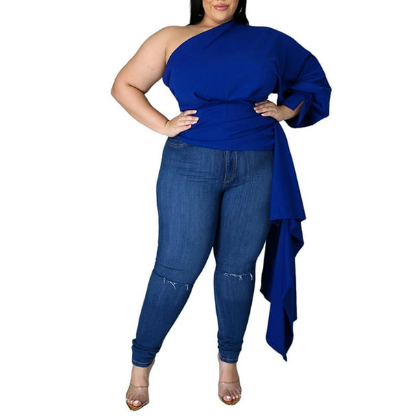 Colisha Women Sexy One Shoulder Long Puff Sleeve Plus Size Tops Bodycon High Low Irregular Blouse Top Shirt - Walmart.com