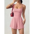 thumbnail image 2 of UDAUDU Womens Summer Rompers 2026 Casual Knit Spaghetti Strap Sleeveless One Piece Shorts Jumpsuit Beach Vacation Outfits Pink S, 2 of 3