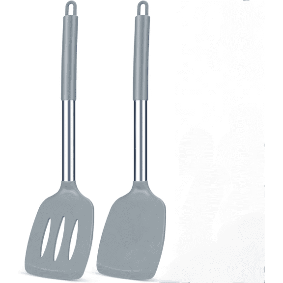 Pack of 2 Silicone Solid Turner, Non Stick Slotted Kitchen Spatulas, High Heat Resistant BPA Free Cooking Utensils, Ideal Cookware for Fish, Eggs, Pancakes(Gray)
