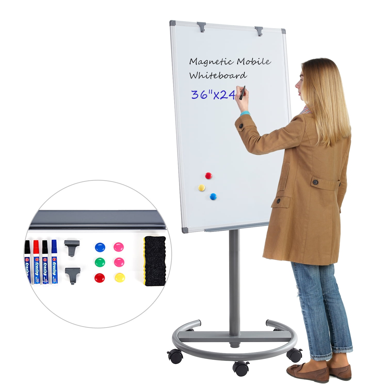 SWANCROWN Rolling Whiteboard Easel on Wheel 36"X24", Adjustable Height