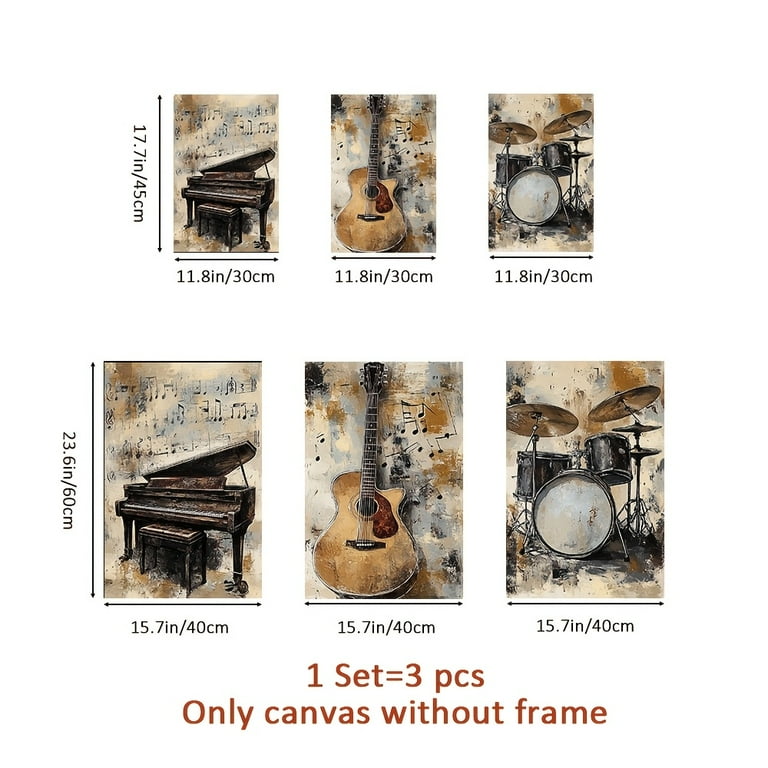 3pcs Vintage Musical Instruments Canvas Wall Art Set - Rustic