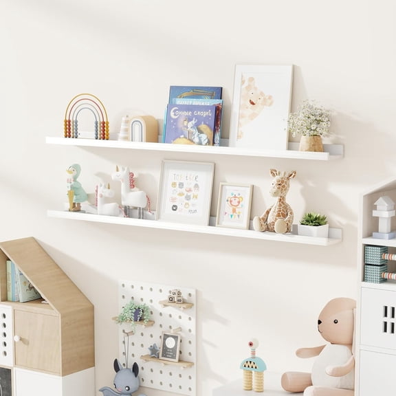Picture Ledge Shelf, Pine Wood Floating Shelves Set of 2, 55 inch Nursery Book Shelves, Photo Ledge Book Shelves Wall Mounted for Living Room
