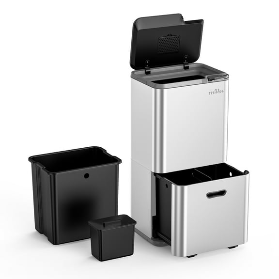 mVm 16 Gal Stainless Steel Trash Can Kitchen, Dual Compartment (8.5Gal 7.5Gal), Heavy Duty Garbage Can for Home Office Yard (Tin)