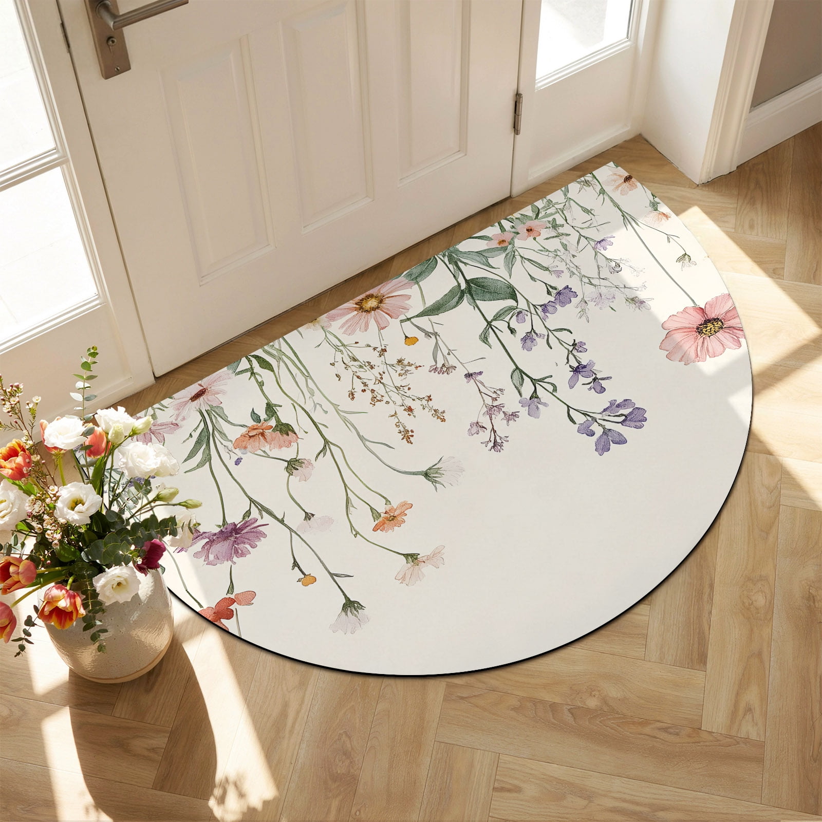 Indoor Doormat Front Door Mat 20 x31.5 Summer Floral Botanical Absorbent & Non-Slip Half Circle Doormat Indoor Entrance Low-Profile Welcome Mat for Entryway Patio Spring Botanical Vintage