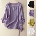 thumbnail image 5 of Lovskoo 2024 Oversized Cotton Linen Tops for Women Summer Round Neck Solid Color Blouse Tops Half Short Sleeve Vintage Tunic Casual Shirts Green L, 5 of 5