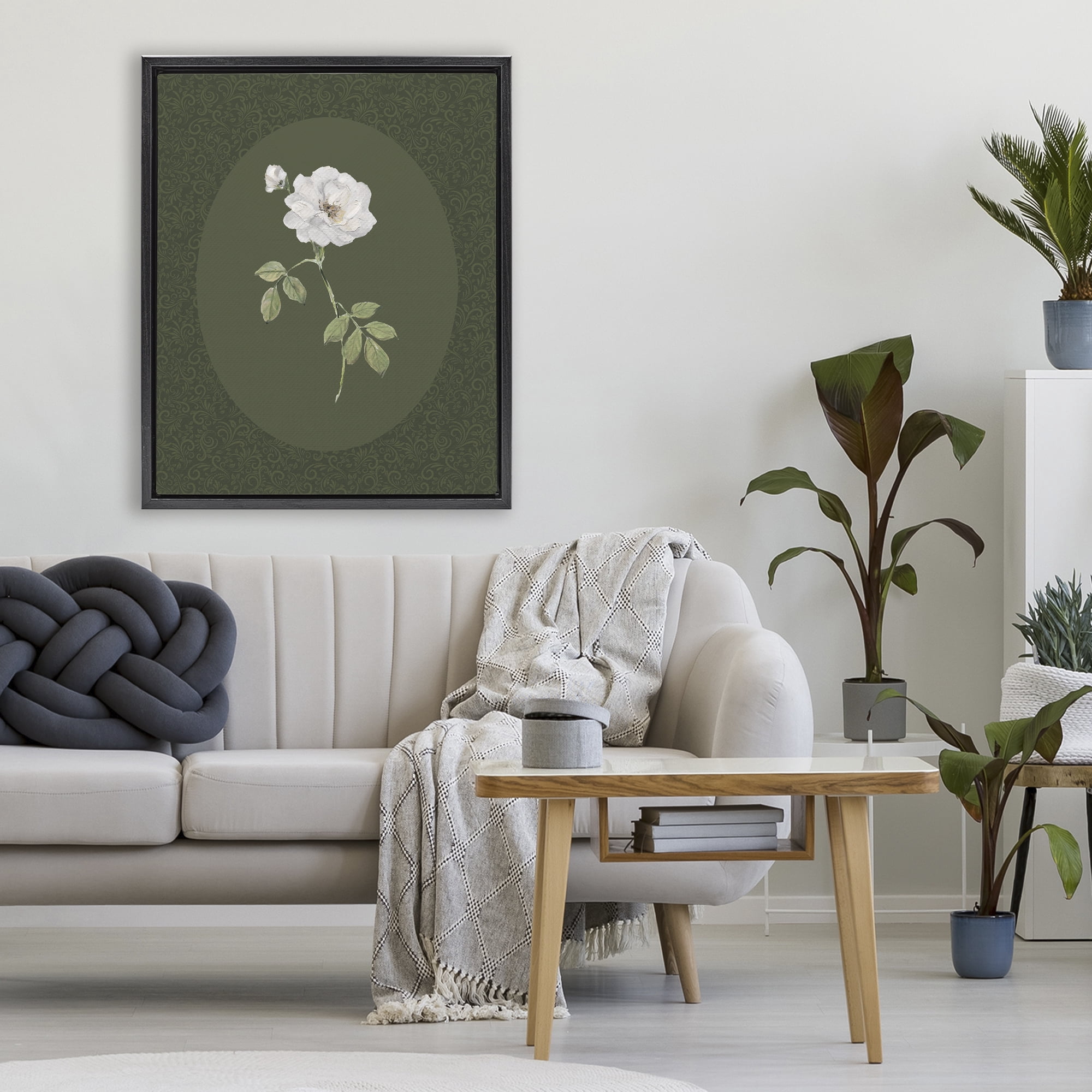 Stupell Industries White Rose on Emerald Black Framed Floater Canvas Wall Art, design by Sally Swatland
