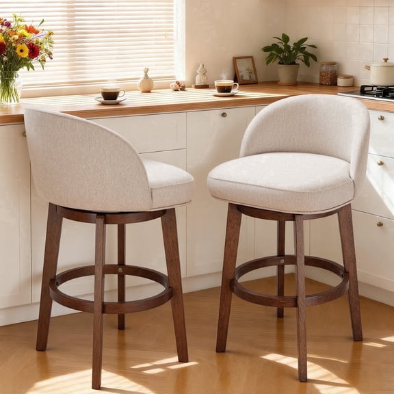 HomeMiYN Modern Swivel Counter Stool with Round Base Light Grey Faux Linen Upholstered Barstool Set of 2 with Solid Wood Legs