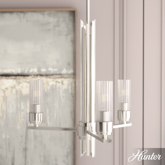 Hunter - Gatz 3-light Brushed Nickel, Medium Size Chandelier, Dimmable, Modern Style, Candle Shaped, for Bedrooms, Dining, Living Rooms - 19782