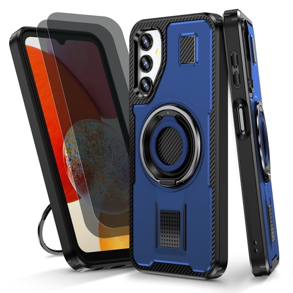 Hotpom for Samsung A14 5G Case with 2 Pack Privacy Screen Protector, Heavy Duty Shockproof, Anti-Fingerprint Women Men universal Protective Cover with 360°Rotatable Ring Stand, Blue