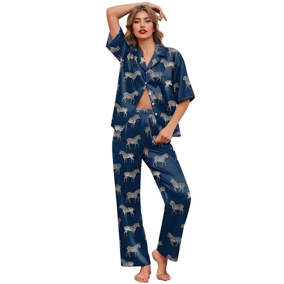 Ekouaer Silk Satin Pajamas Set Women Short Sleeve Pj Sets Button Down Sleepwear 2 Piece Soft Loungewear