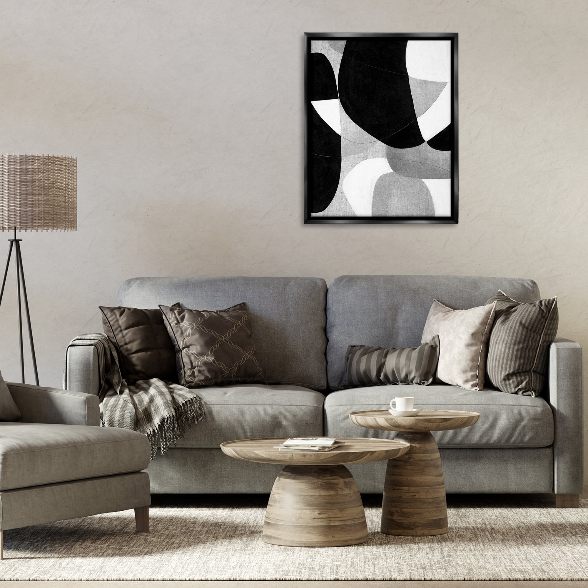Stupell Industries Monochrome Oblong Shapes Abstract Painting Black Floater Framed Canvas Art Print Wall Art, 25 x 31