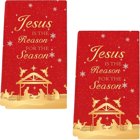 Nativity Christmas Kitchen Towels Set of 2, Jesus is The Reason for The Season Xmas Hand Dish Tea Towels Cloths Red Gold Decorative Holiday Drying Dishcloth for Home Bathroom Hotel 18"x26"