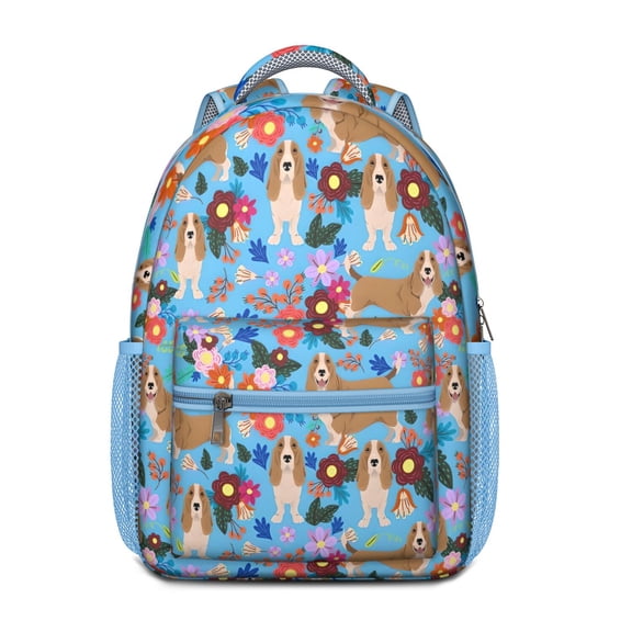 Basset Hound Dog and Flower Backpack for School,Cute School Bag,Schoolbag with Adjustable Shoulder Straps & Padded Back,15.3"x11"x6.7"