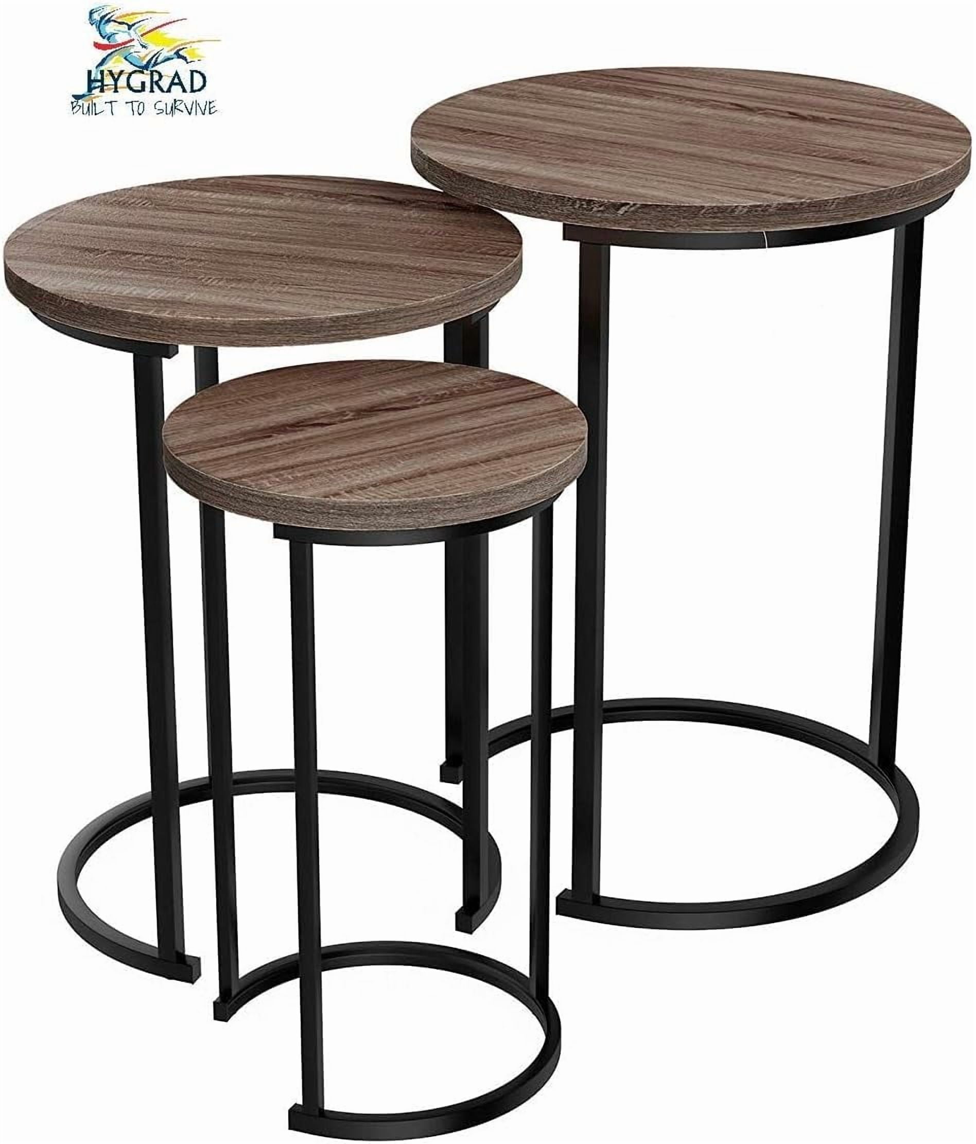 HYGRAD BUILT TO SURVIVE Set of 3 Round Wooden/Steel Nesting Side Stacking Sofa Side Coffee Tables, Small Space Coffee Tea Table for Hallway Living Room Bedroom, Home, Office