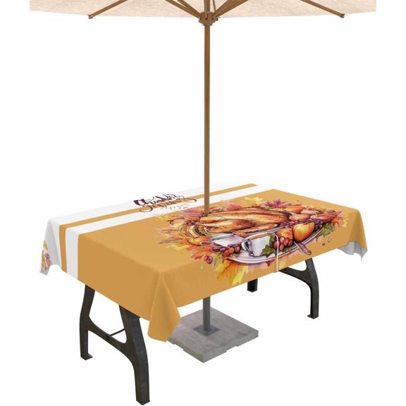 Orange Fall Outdoor Tablecloth - 60x120 Inch Rectangle Dining Table Cover, Thanksgiving Turkey Botanical Waterproof Outdoor Table Cloth with Umbrella Hole & Zipper for Picnic/Patio/Party