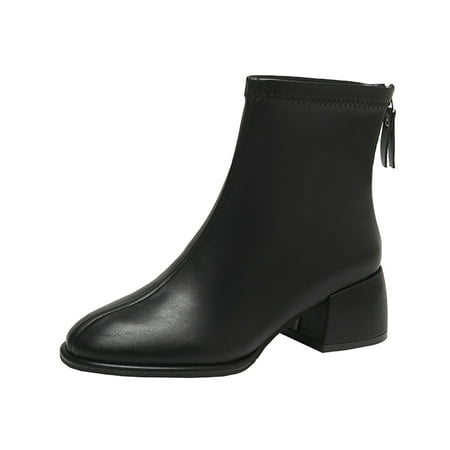

Youmylove Women Ankle Boots Ladies Fashion Solid Color Leather British Style Back Zipper Thick Heel Short Boots Zapatos De Mujer