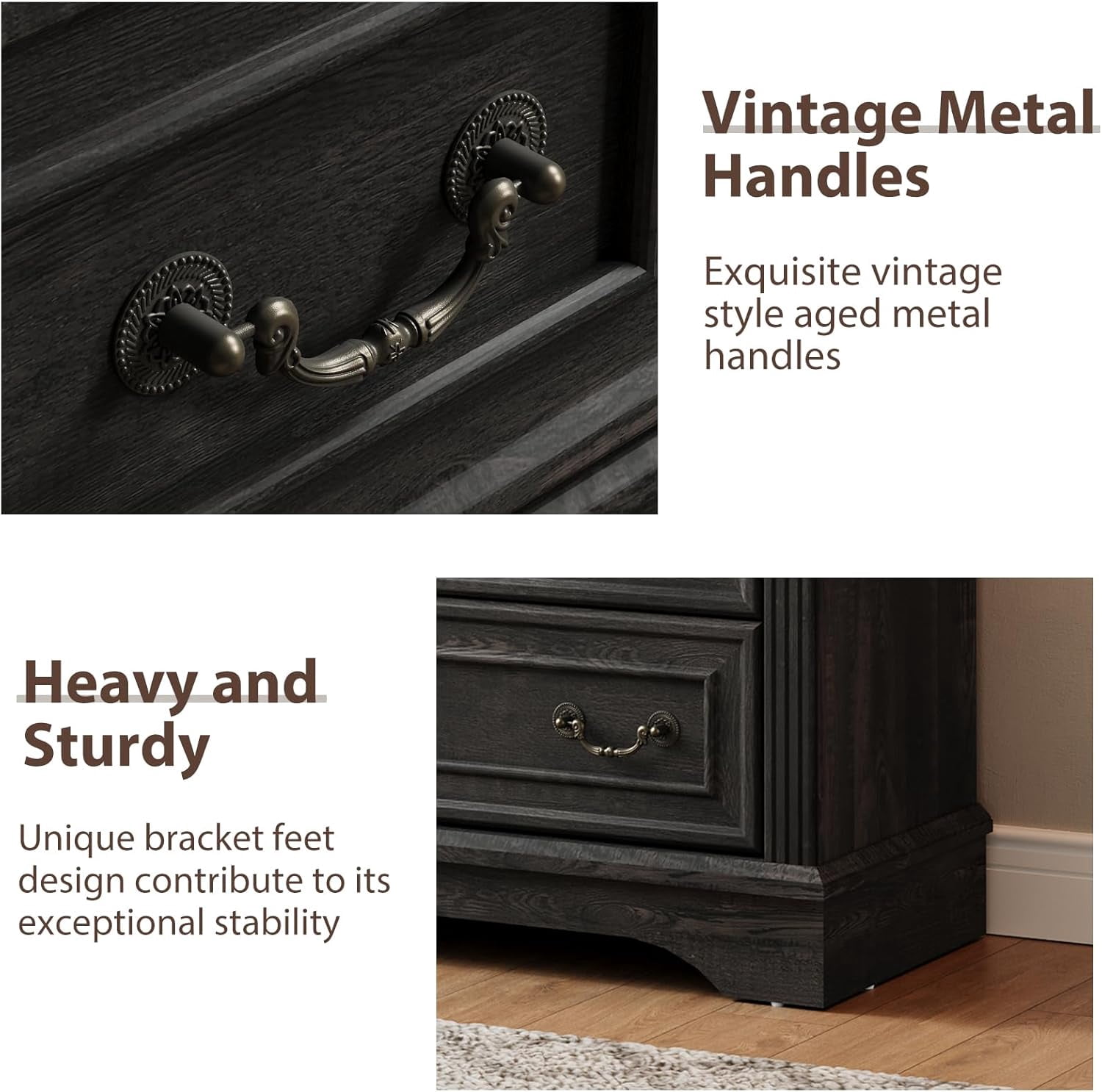 BOSHIRO 4-Drawer Dresser for Bedroom, Farmhouse Carved Storage Chest Organizer with Brown Top, Black Finish