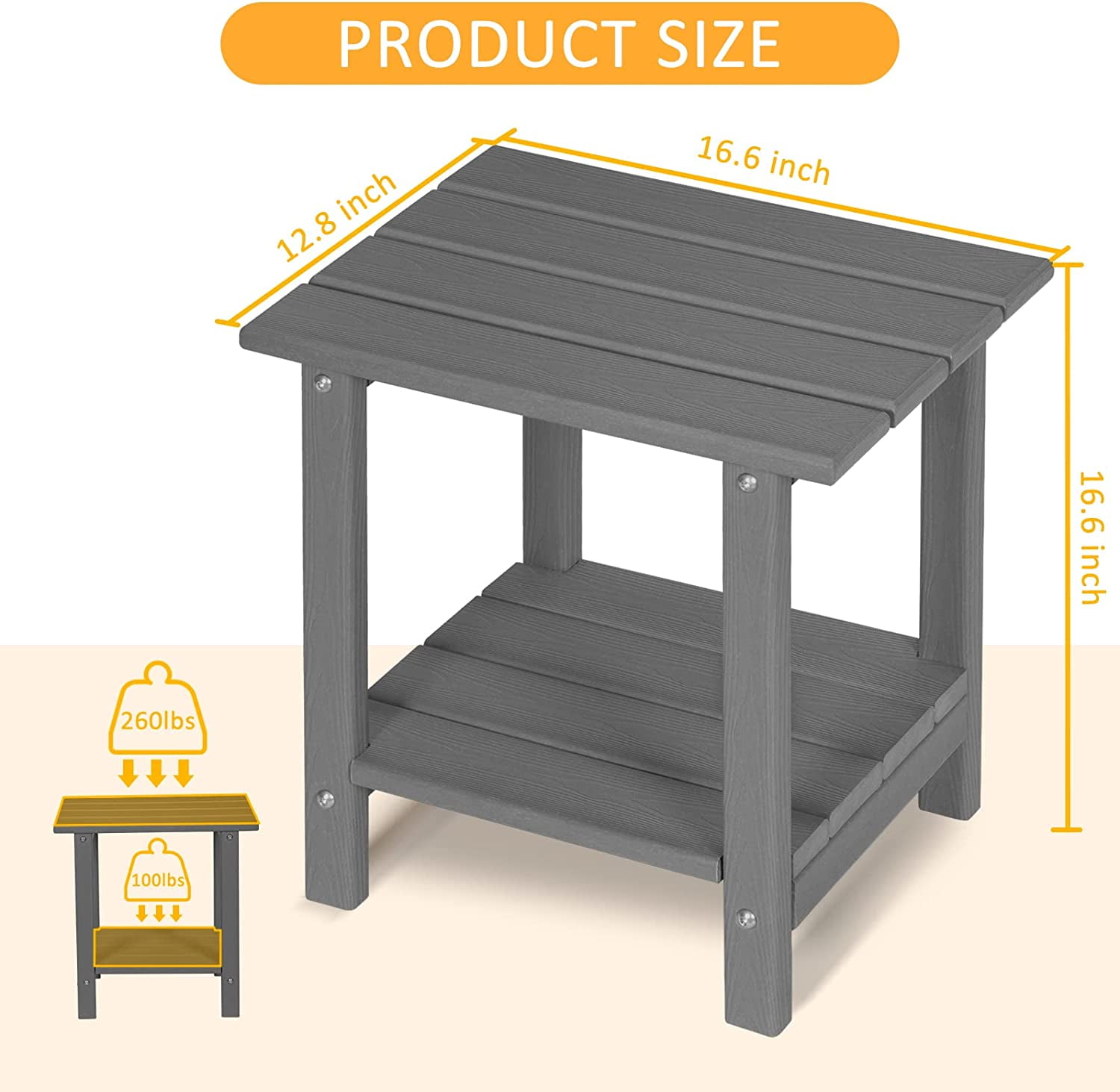 Nalone 2-Tier Outdoor Side Table, HDPE All Weather Adirondack Patio End Table, Outside End Table for Indoor Living Room Bedroom Porch Backyard, Gray