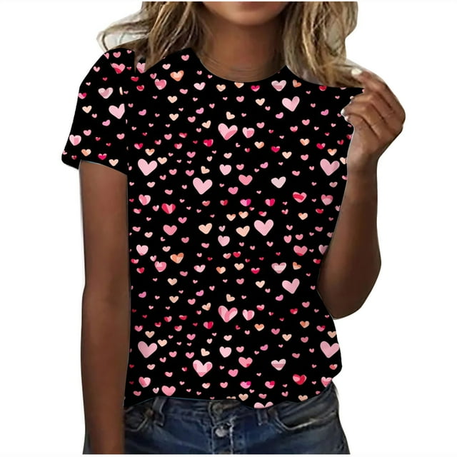 Camisetas Casuales de Mujer Día de San Valentín Impreso Cuello Tripulado Manga Corta, Top de Moda para la Fiesta Y Diario