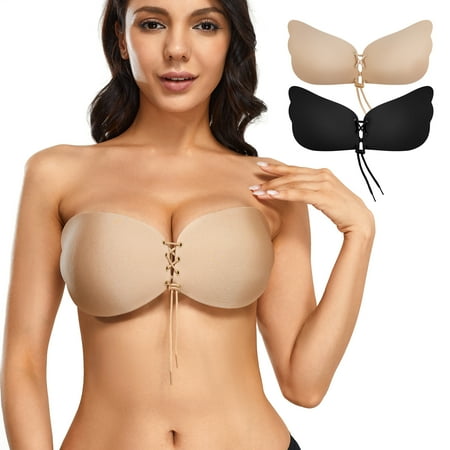 

Irisnaya 2 Pack Strapless Adhesive Bra for Women Adhesives Push Up Backless Nipple Covers Silicone Bra(Black Large)