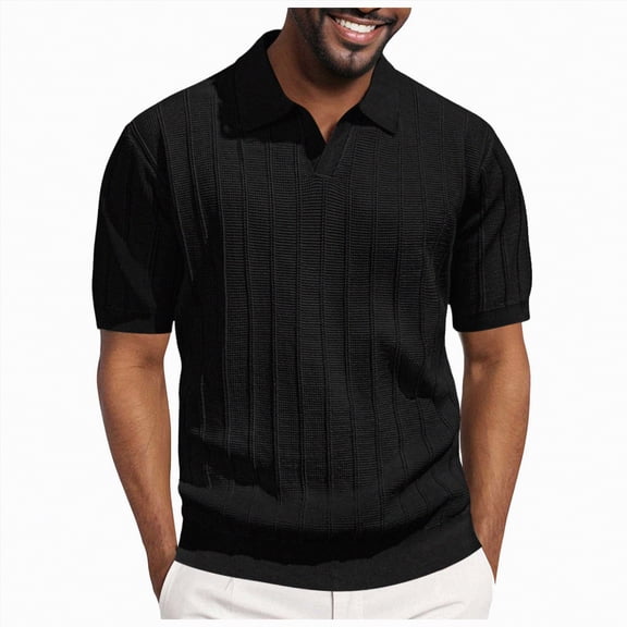 NOLDARES Men's Ribbed Knit Polo Shirt Collar Short Sleeve Golf Beach Vacation Tops(Black,M)