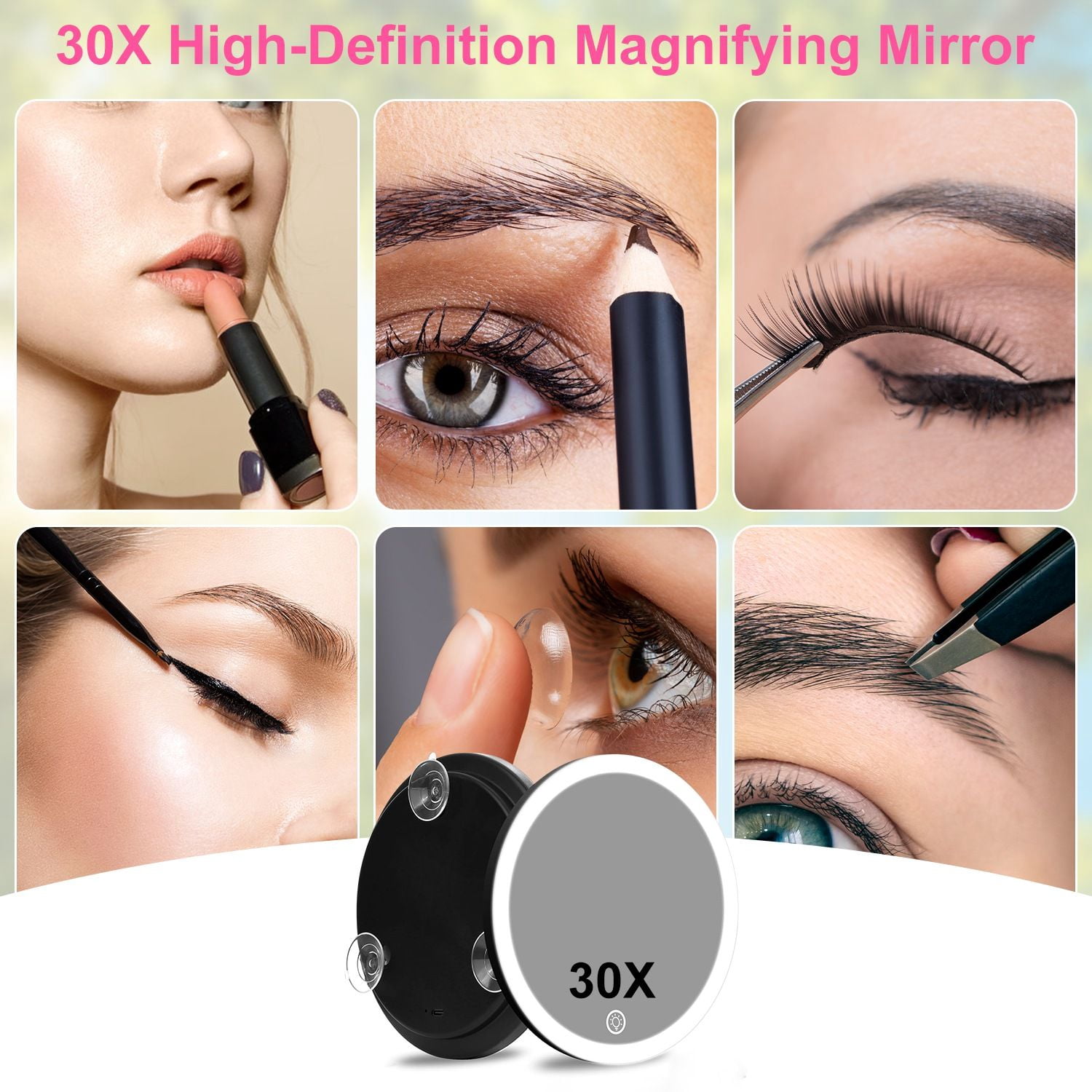 30X Magnifying Mirror With Light 3 Colors Dimmable Brightness Included Tweezer Scissor Travel Magnifying Makeup Mirror with Suction Cup 360° Adjustable Stand
