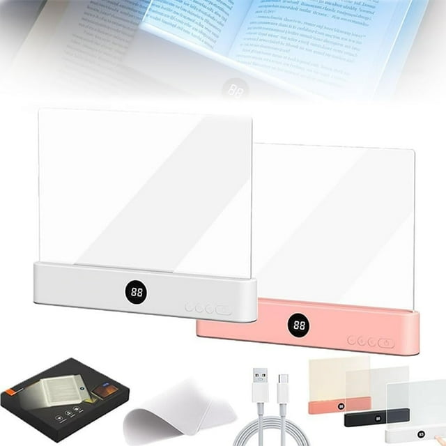 Smart LED Book Light Treasure Box, Rechargeable Flat Reading Lamp Full Page Light Portable Multi Brightness Color Student Eye Protection Night Dimmable Panel Plate 3 Colors Timer for Readers(W+P)