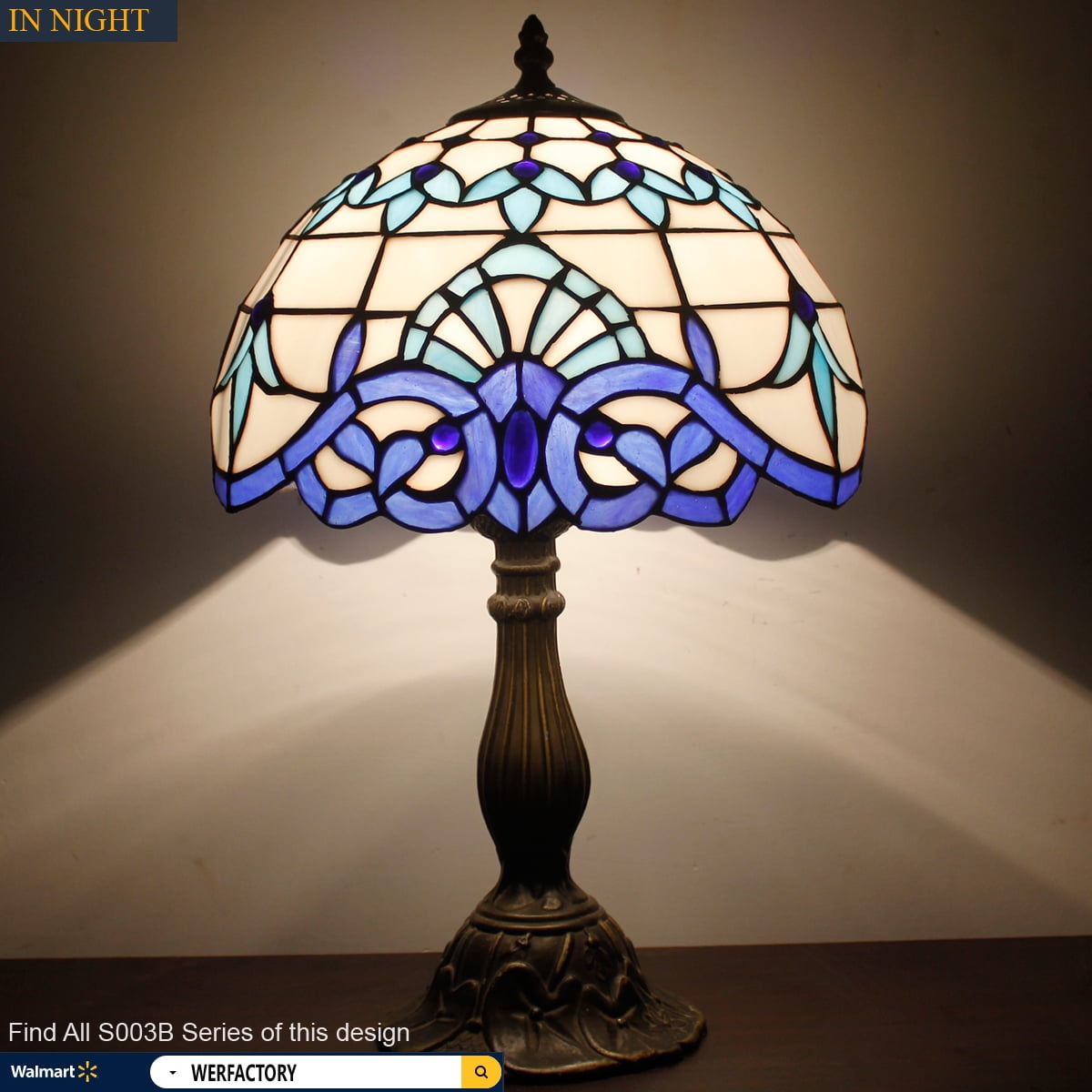 Tiffany Table Lamp Bedside Navy Blue Baroque Stained Glass Style Desk Reading Light 18" Inch Tall Living Bedroom Vintage Memory Sympathy Library Banker Boho Victorian Type