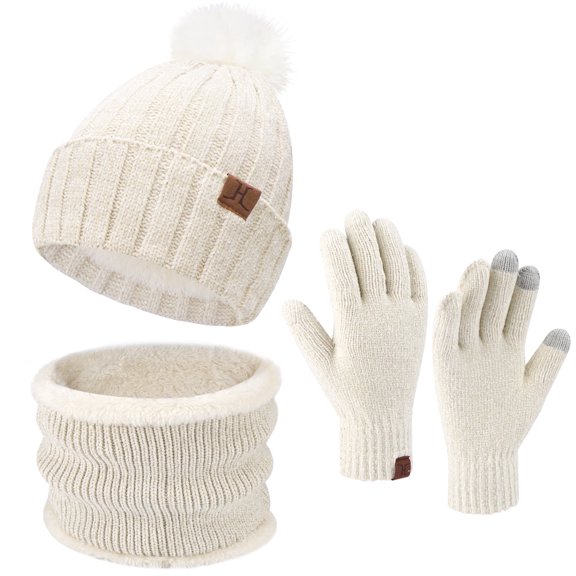 FZ FANTASTIC ZONE Womens Winter Beanie Hats Scarf Neck Warmer Touchscreen Gloves Set Warm Fleece Lined Chenille Knit Skull Caps White
