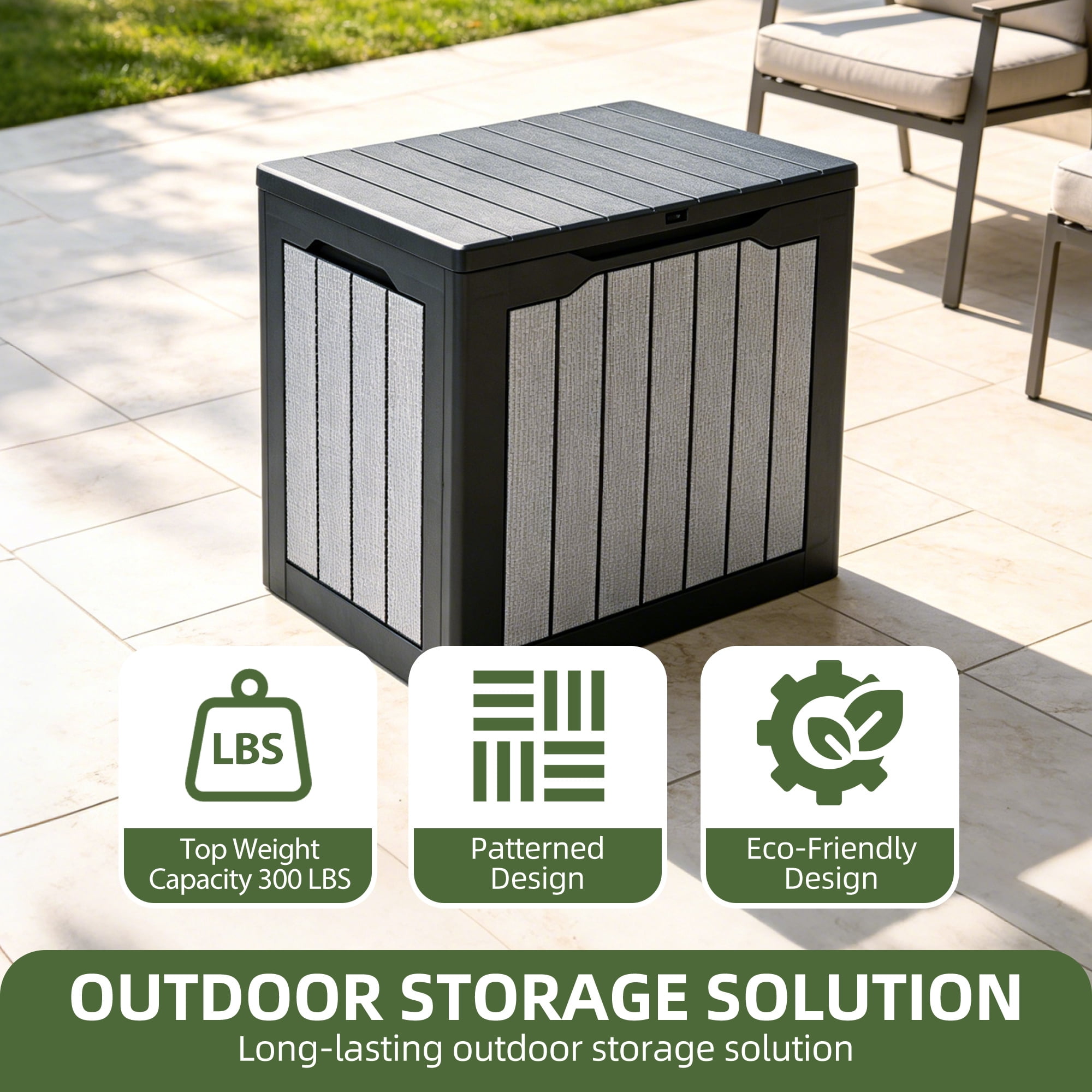 Uforic 30 Gallon Weatherproof Resin Deck Box, Lockable Outdoor Storage Chest, Multifunctional Patio Storage Bench for Patio Cushions, Garden Tools and Pool Supplies, Black & Gray