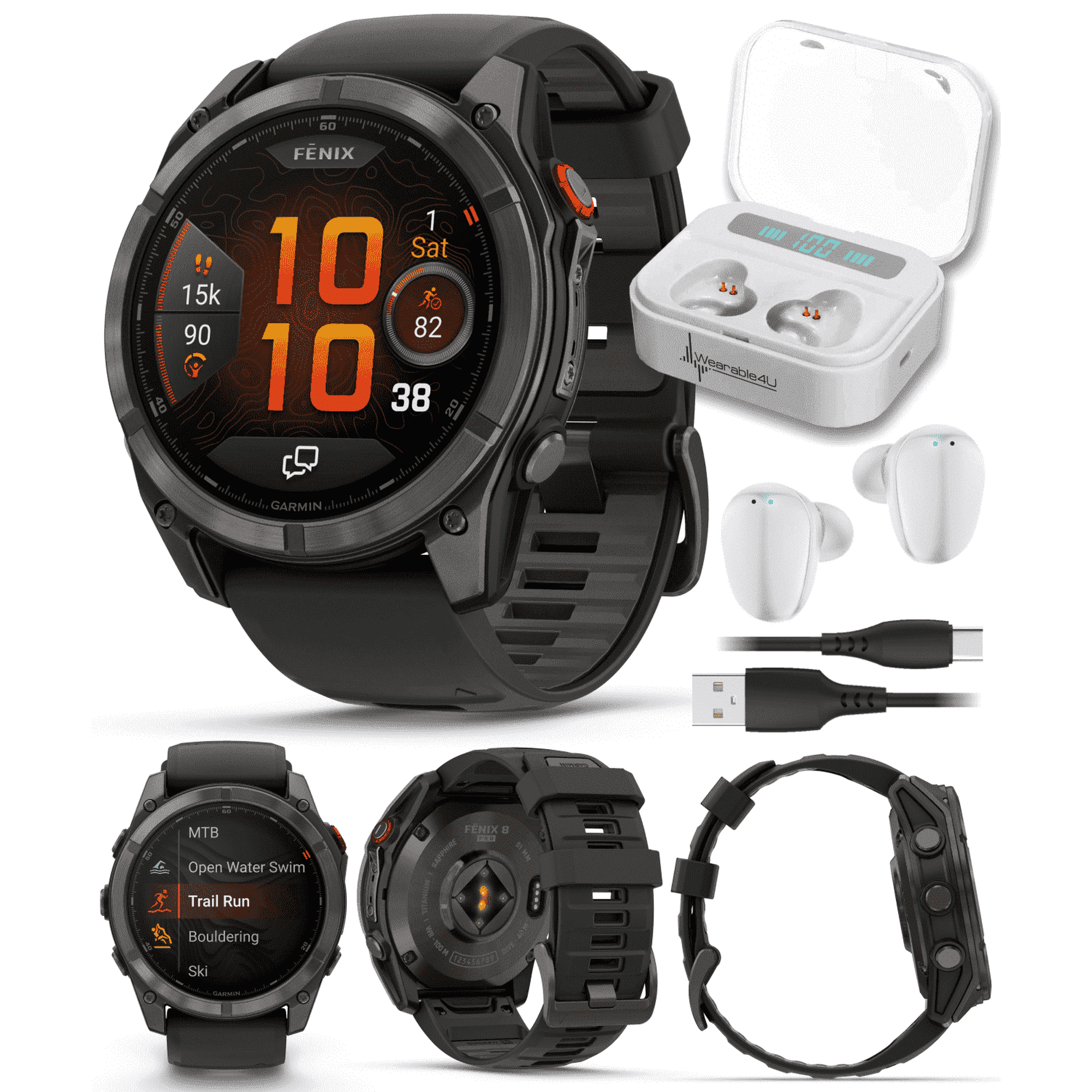 Garmin Fenix 8 Pro 51mm AMOLED Sapphire Premium Connected Multisport GPS Smartwatch, inReach, Carbon Gray DLC Titanium & Black/Pebble Gray Silicone Band w/ Wearable4U White Earbuds Bundle