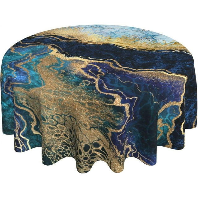 Nappe Ronde Bleue en Marbre 60 Pouces Lavable Réutilisable Décoration pour Cuisine Fête