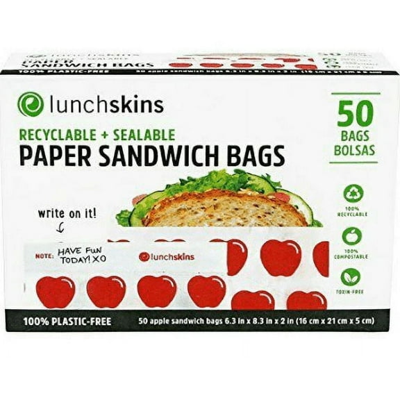 Lunchskins Recyclable   Sealable Paper Sandwich Bags - Red Apple 50 Bags Pack of 4