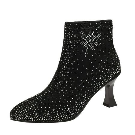 

Fsqjgq Women Booties and Boots Heels Pointed Toe Rhinestone Ankle Boots Rear Zipper Thick Heel High Heel Women Boots Short Riding Boots Women Black 37