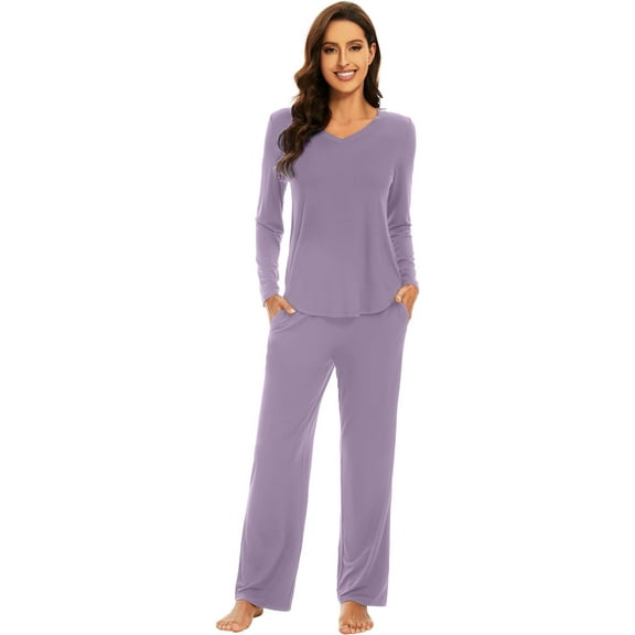 WiWi Pajamas for Women Long Sleeve Set Soft Casual Pj Warm Viscose from Bamboo 2 Piece Lounge Sets S-XXL, Violet, Small
