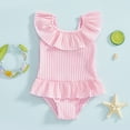 thumbnail image 2 of Wuxian Girls Swimsuit One Piece Swim Wear Rash Guard Stripe Pritn Onesize Bikini Beachwear Ruffled Round Neck Sun Protection Bathing Suit,Pink,12-18 Months, 2 of 4